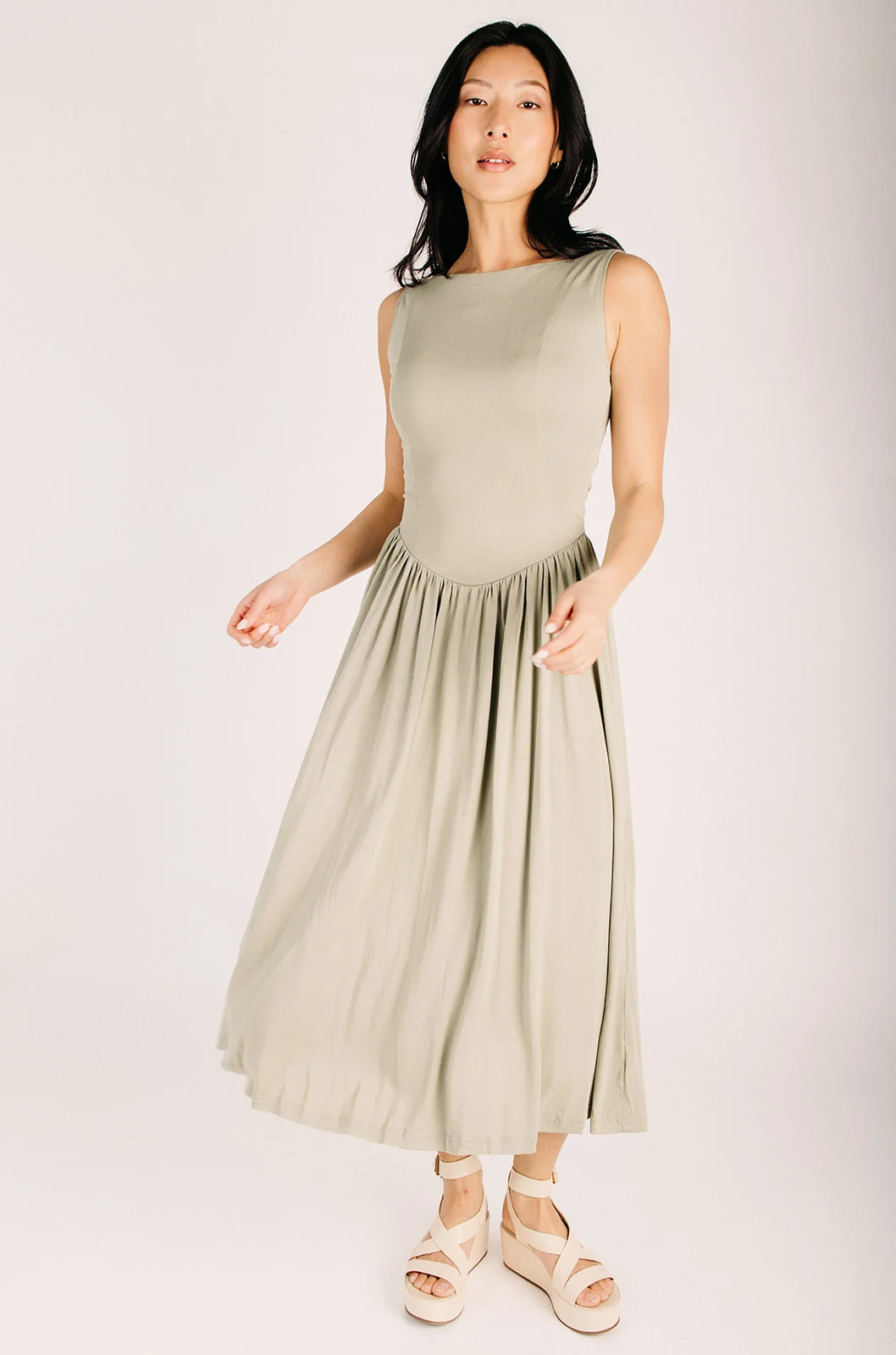 The Vora Boat Neck Midi Dress in Muted Sage - Image 2