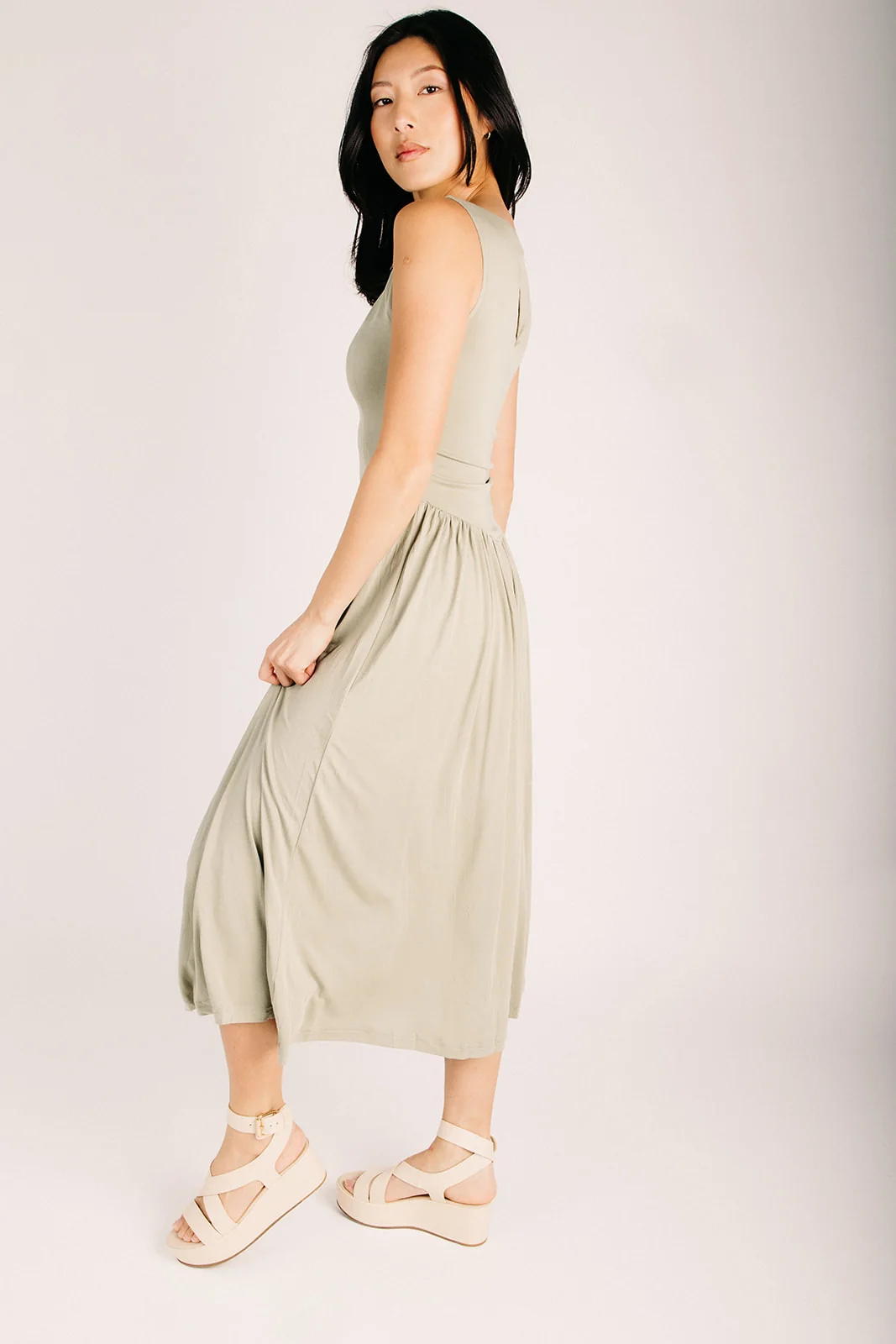 The Vora Boat Neck Midi Dress in Muted Sage - Image 4