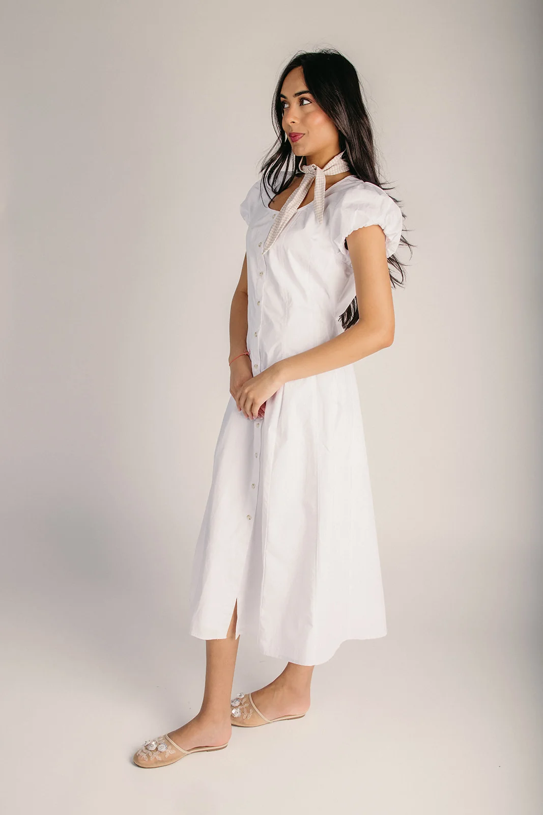 The Crisa Puff Sleeve Midi Dress in White - Image 4