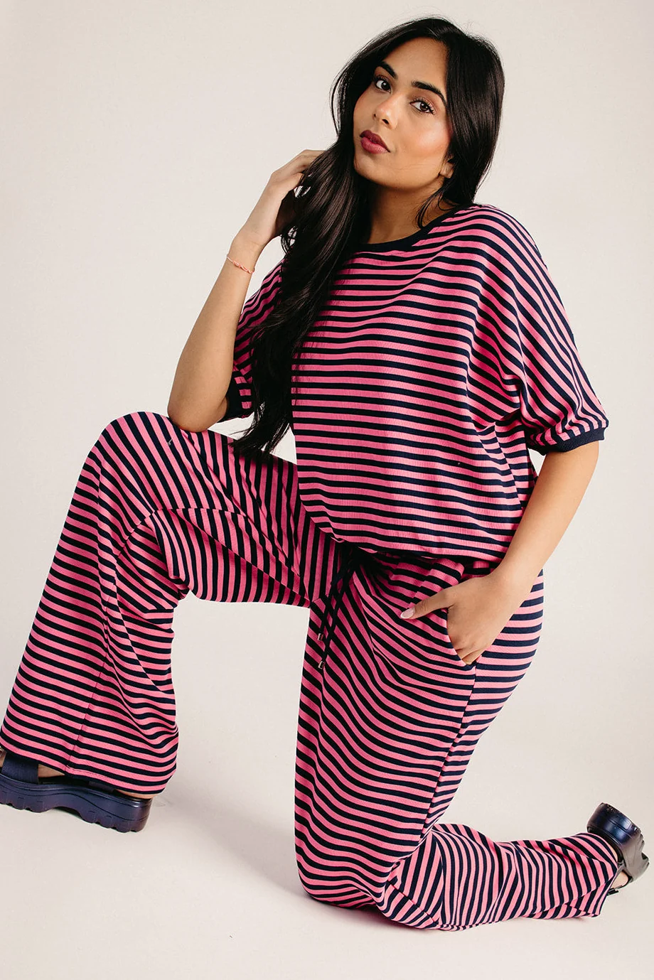 The Natalie Striped Lounge Set in Hot Pink + Navy