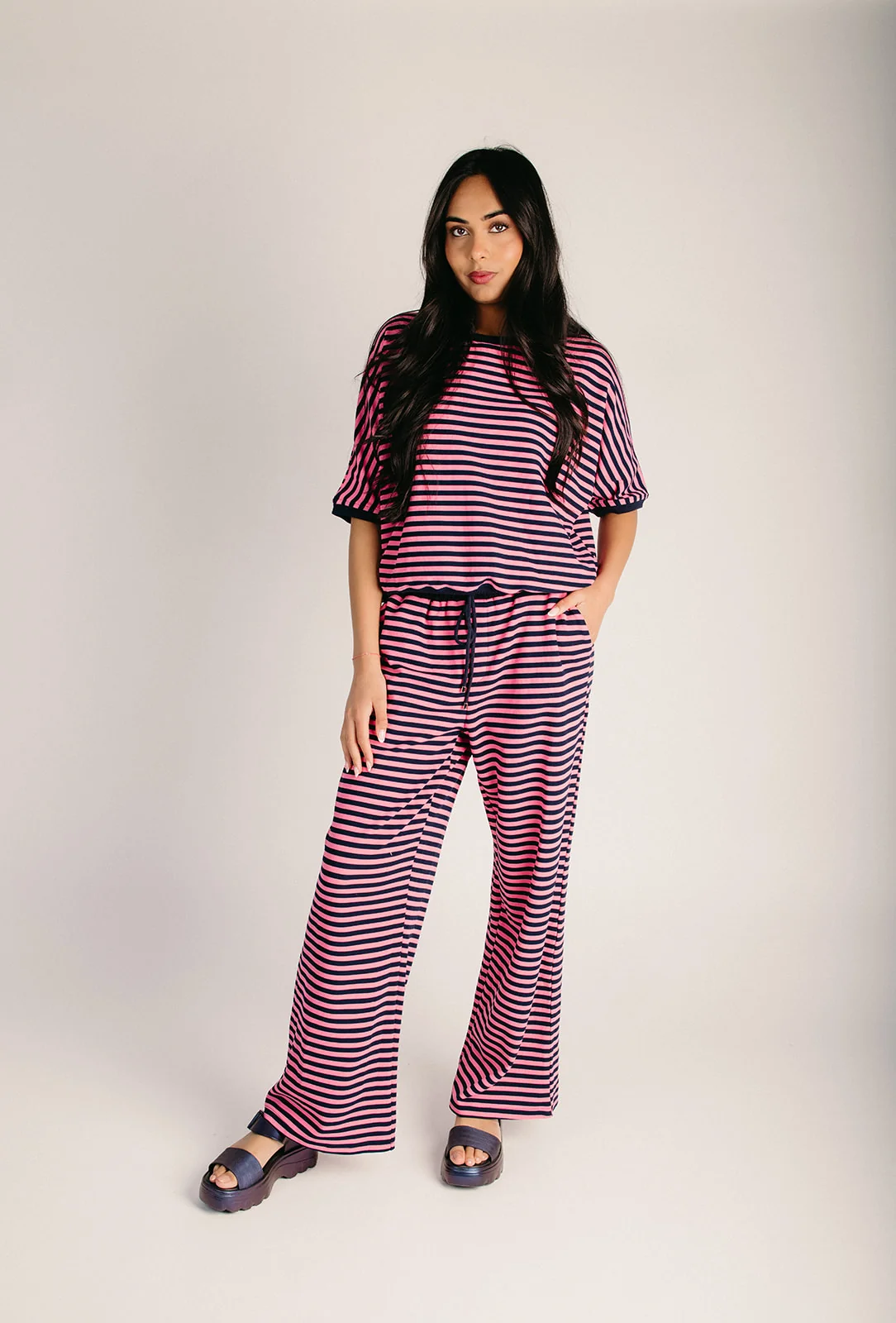 The Natalie Striped Lounge Set in Hot Pink + Navy - Image 2