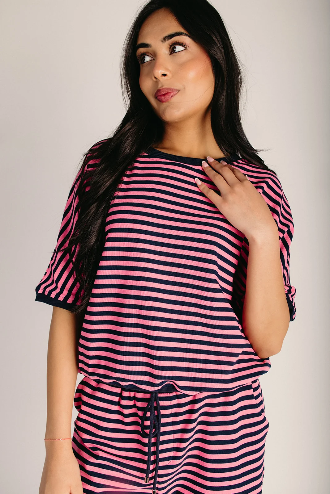 The Natalie Striped Lounge Set in Hot Pink + Navy - Image 3