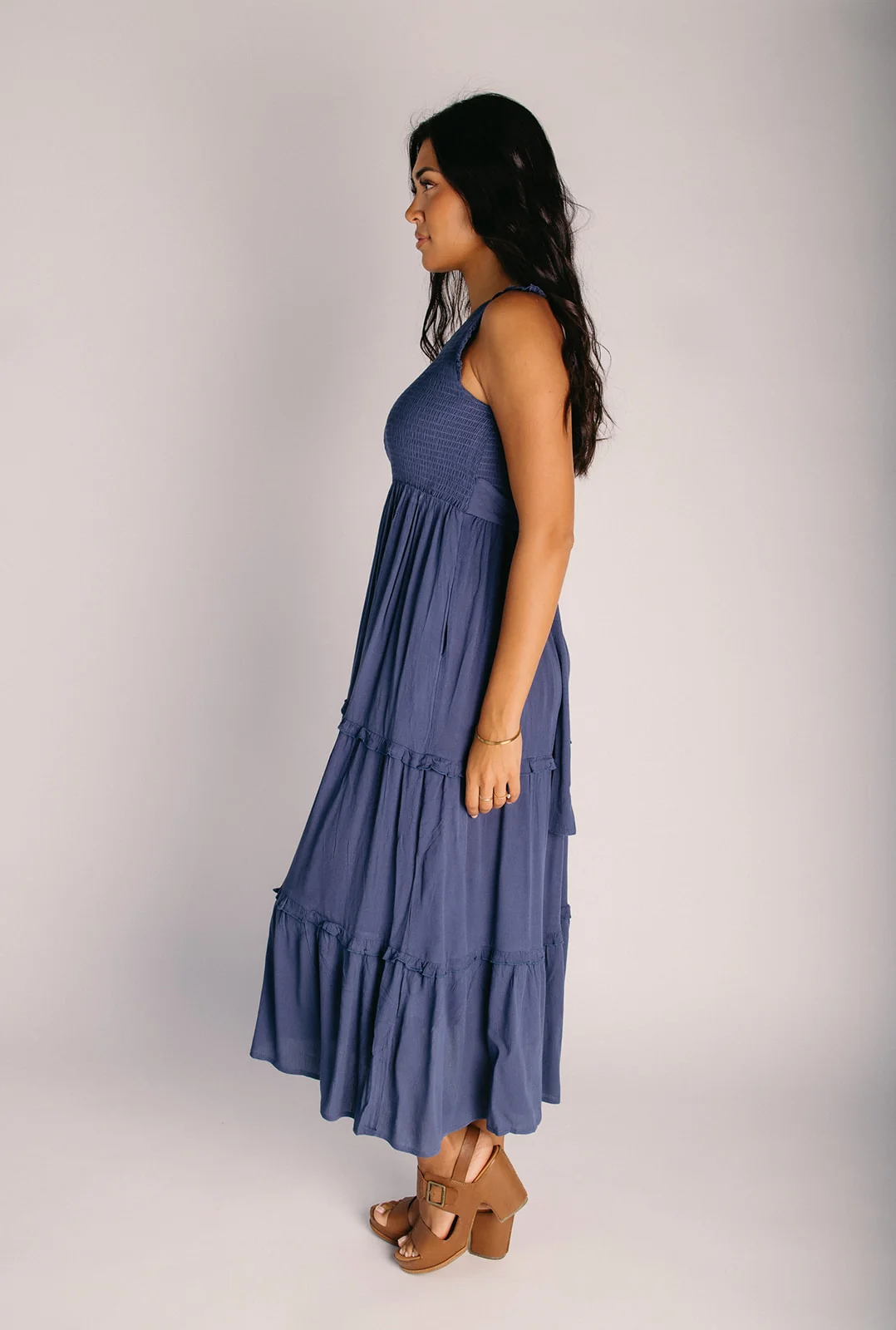 The Bruzzo Smocked Bodice Midi Dress in Dusty Blue - Image 4