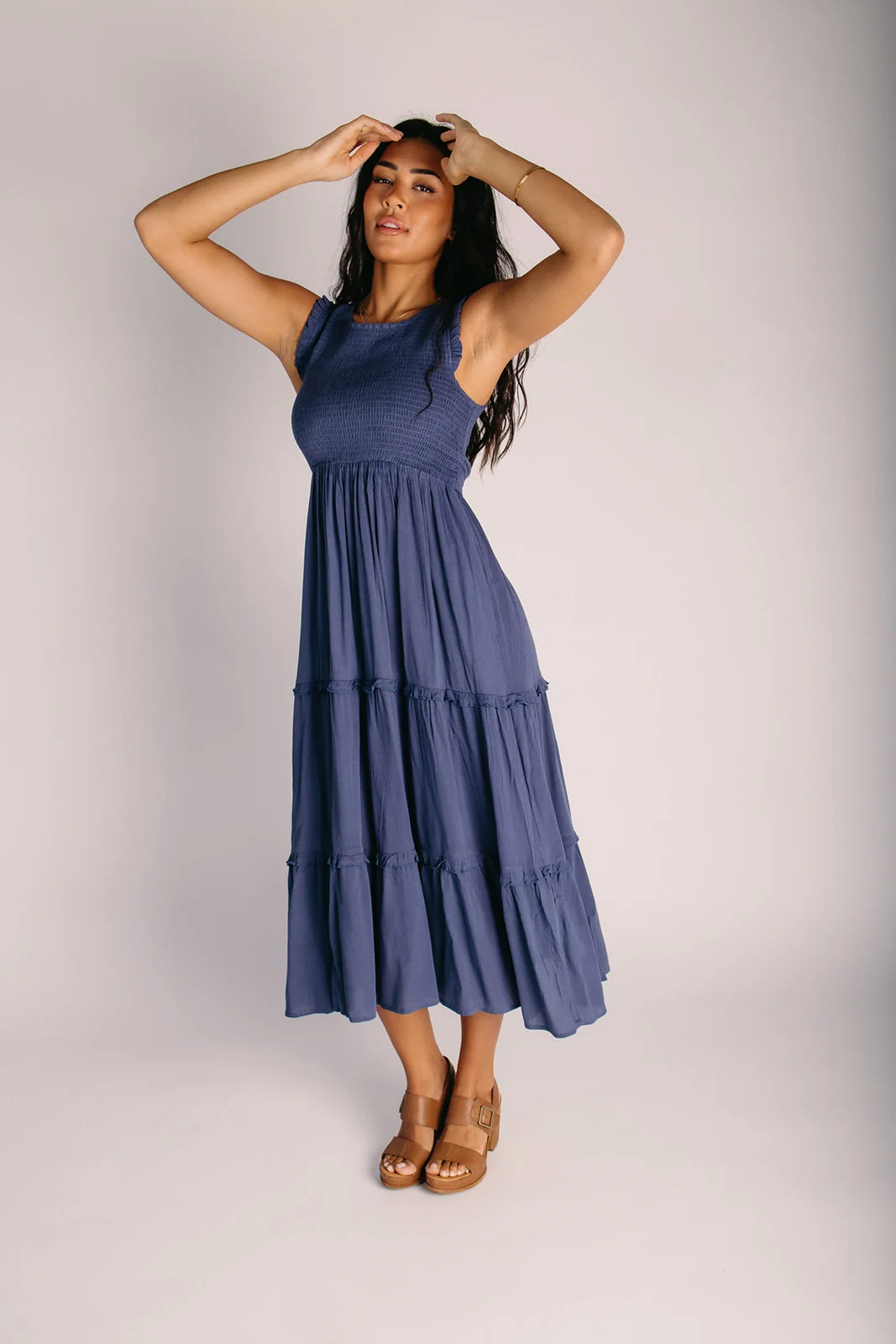 The Bruzzo Smocked Bodice Midi Dress in Dusty Blue - Image 5