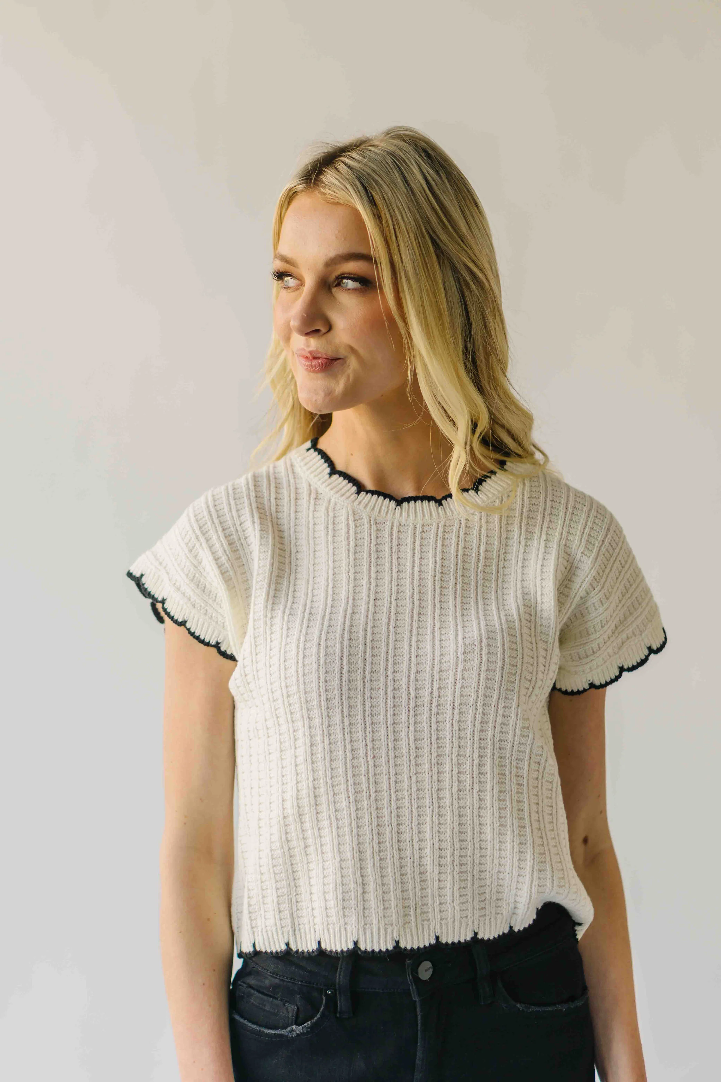 The Shelly Scallop Edge Sweater in Ivory + Black - Image 5