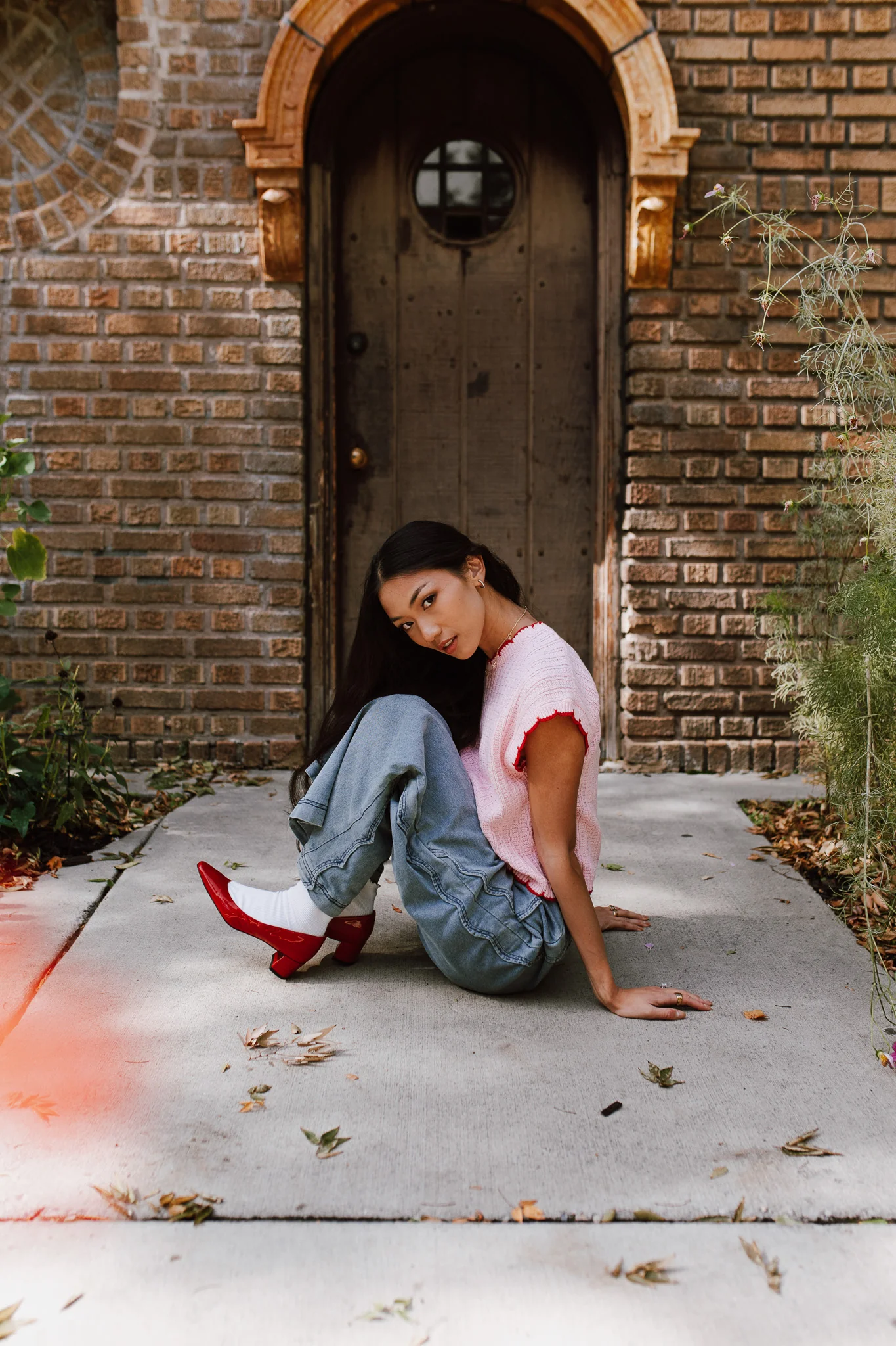 The Shelly Scallop Edge Sweater in Pink + Red - Image 12