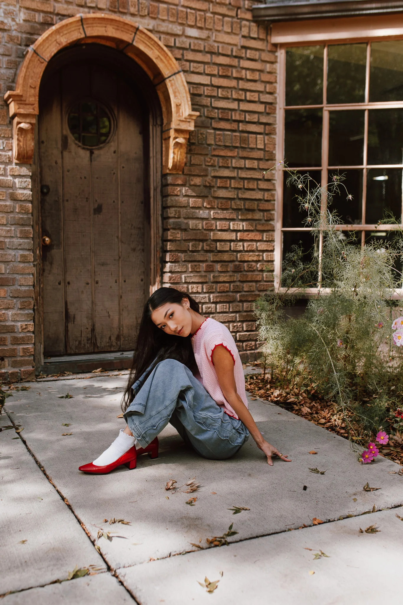 The Shelly Scallop Edge Sweater in Pink + Red - Image 14
