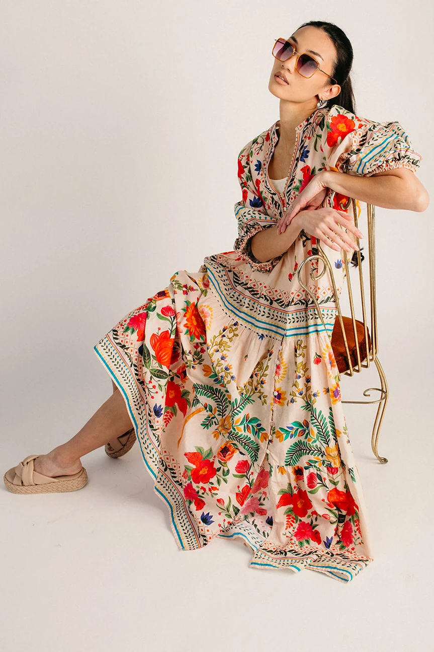 The Sister Sorano Floral Button-Up Maxi Dress in Natural Multi