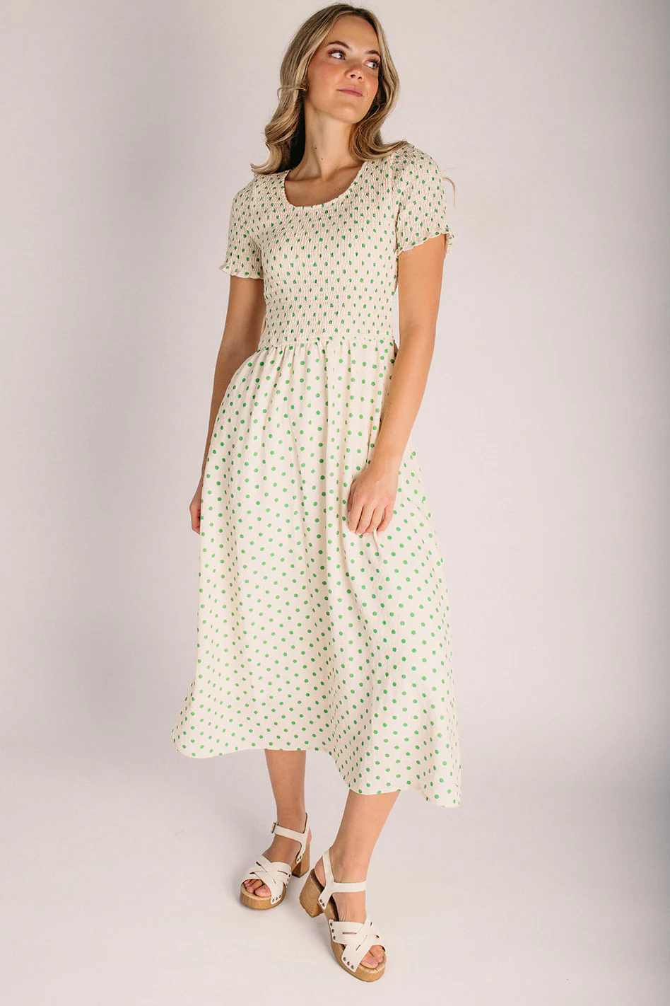 The Fawnie Smocked Polka Dot Midi Dress in Yellow + Green