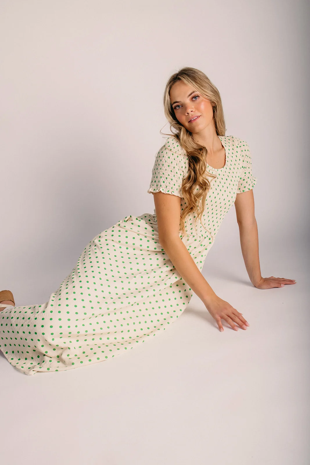 The Fawnie Smocked Polka Dot Midi Dress in Yellow + Green - Image 4