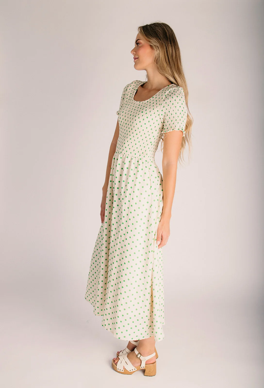The Fawnie Smocked Polka Dot Midi Dress in Yellow + Green - Image 5
