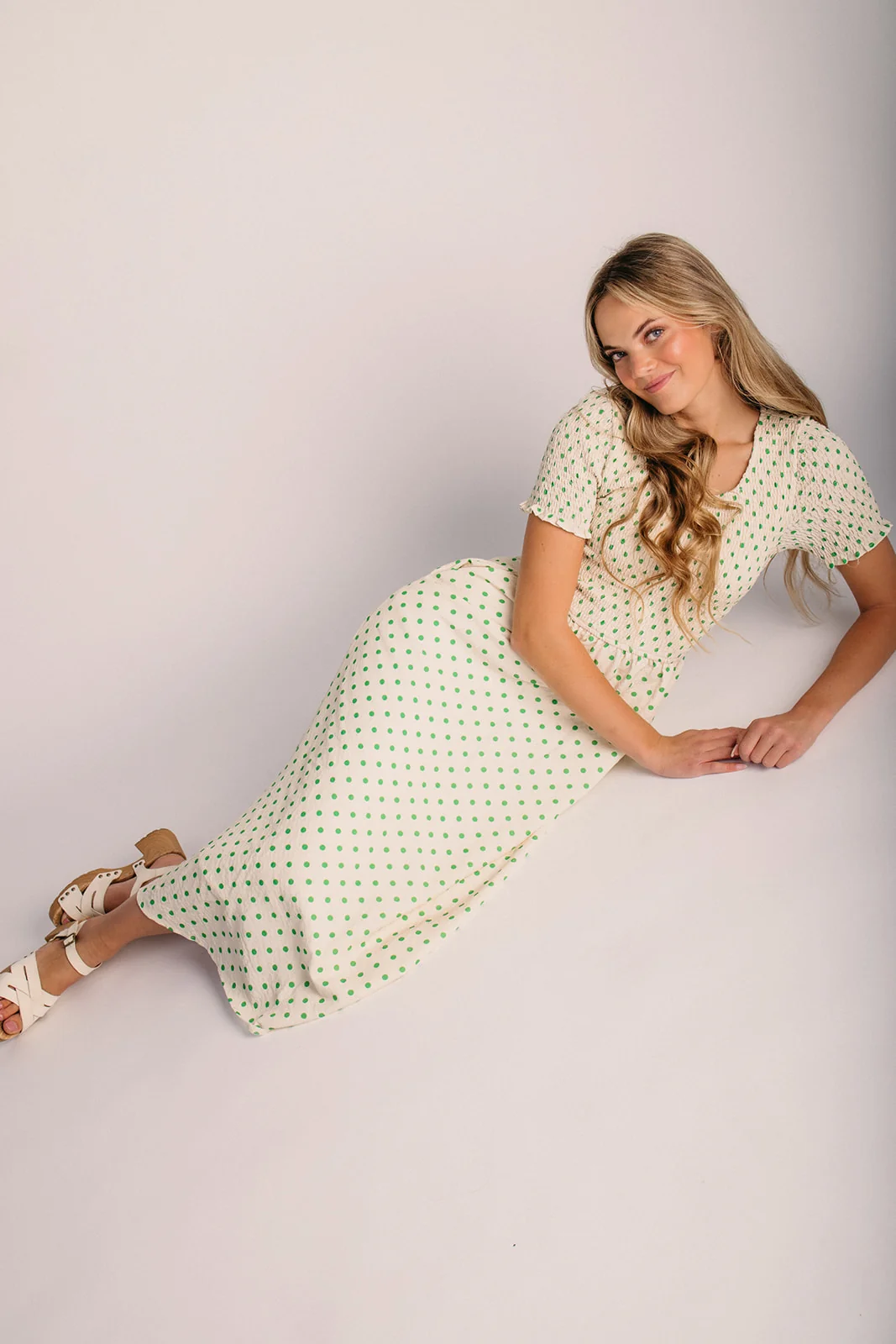 The Fawnie Smocked Polka Dot Midi Dress in Yellow + Green - Image 6