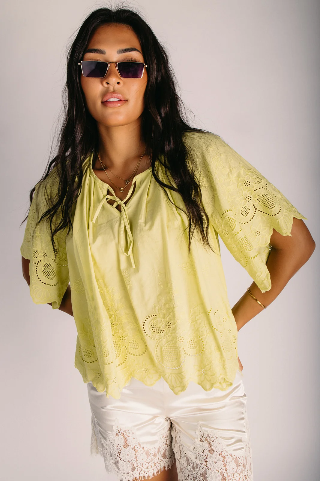 The Ivara Eyelet Scalloped Blouse in Lime