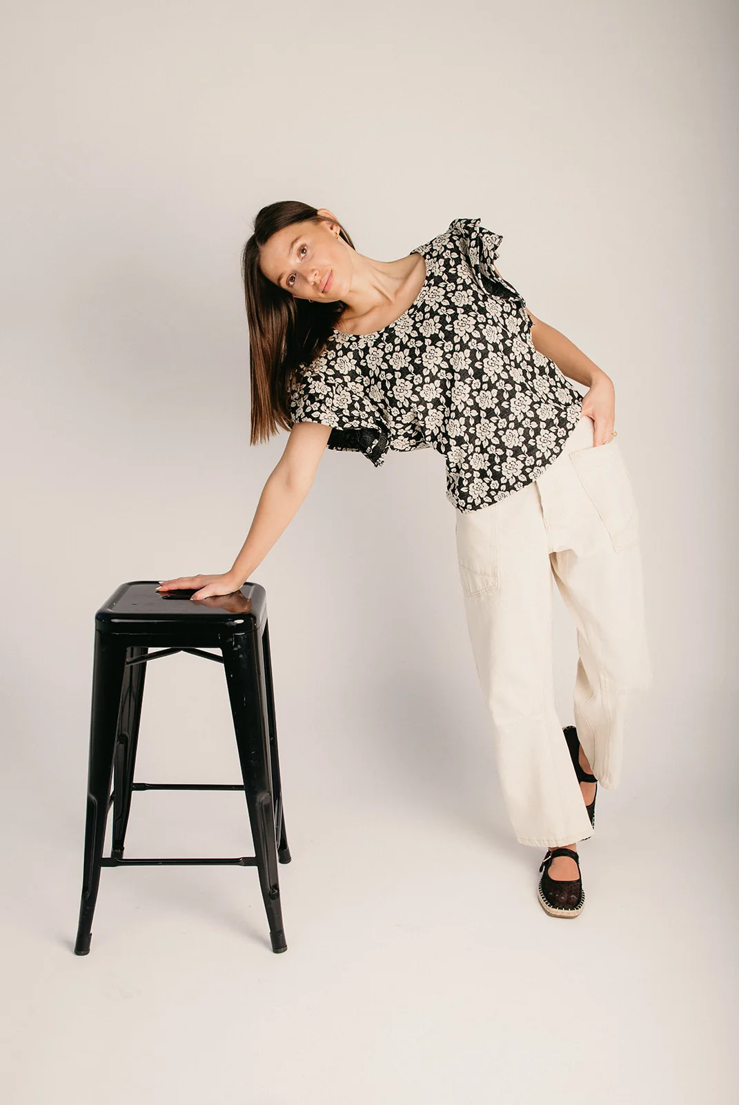 The Cowan Floral Jacquard Blouse in Black + Grey - Image 3
