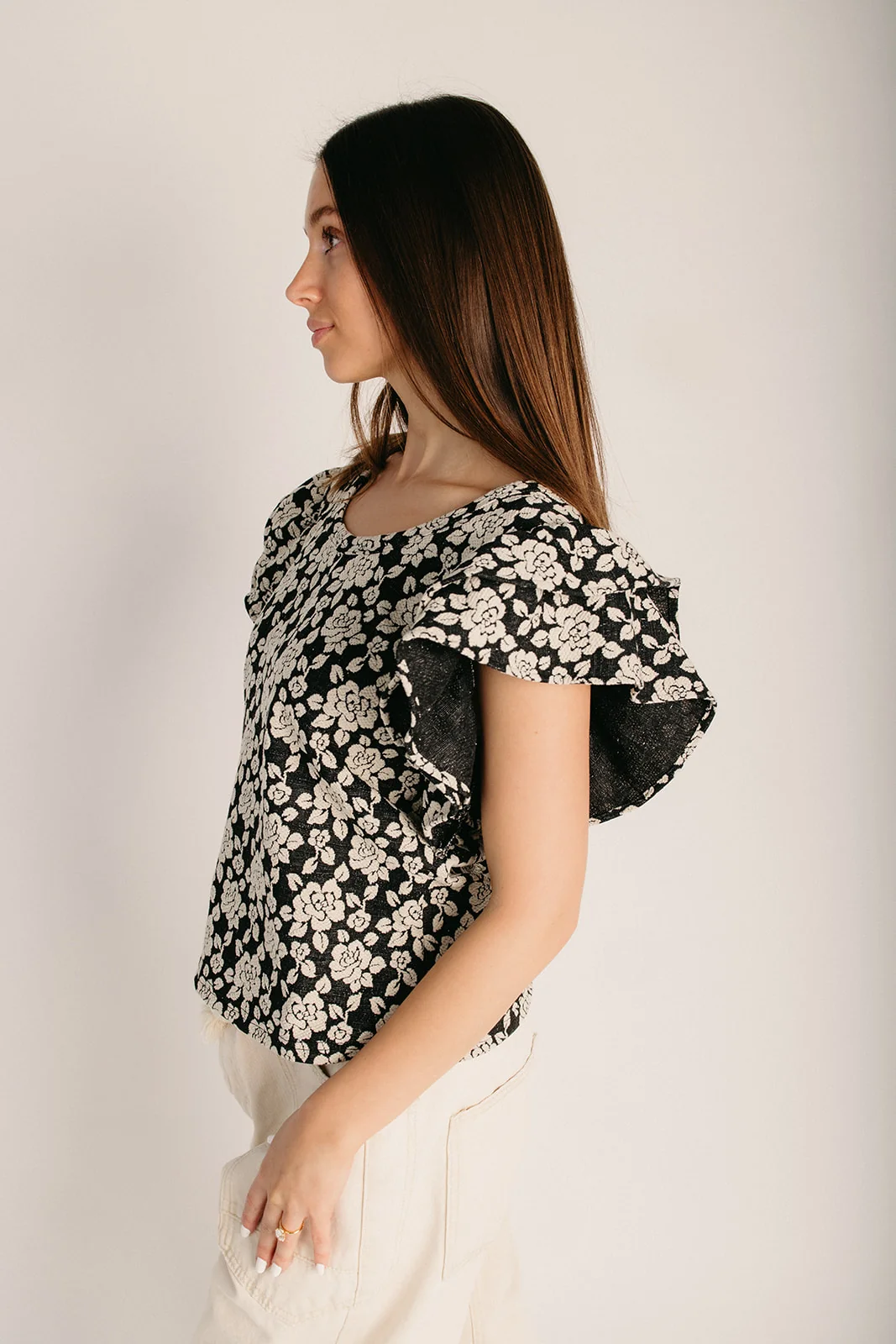 The Cowan Floral Jacquard Blouse in Black + Grey - Image 4