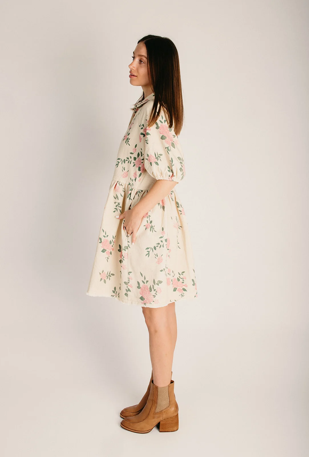 The Lerwick Floral Denim Shift Dress in Ecru + Blush - Image 4