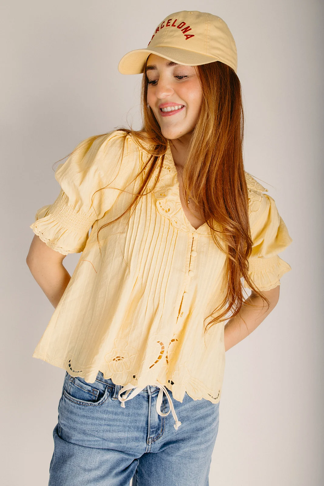 The Ackerman Embroidered Button-Up Blouse in Butter Yellow - Image 4