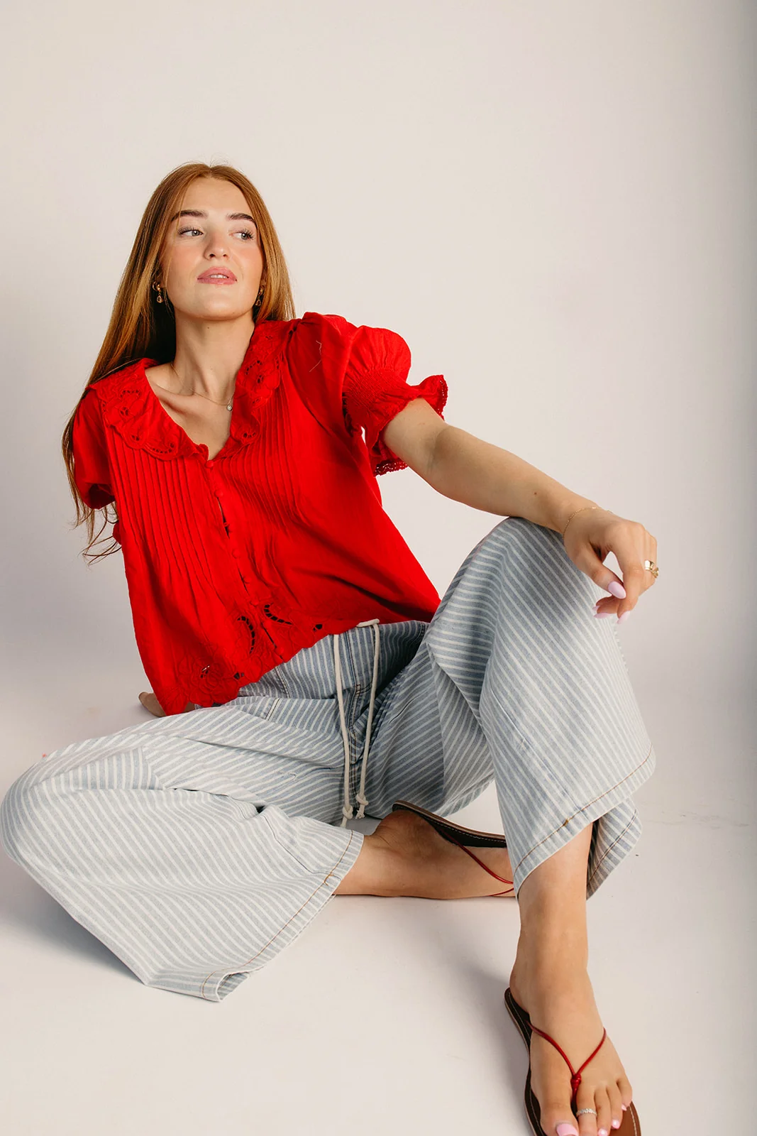 The Ackerman Embroidered Button-Up Blouse in Tomato Red - Image 2