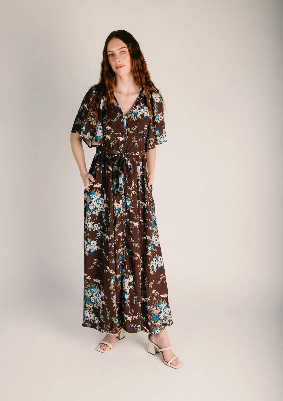 The Albers Button-Up Maxi Dress in Mocha Floral - Image 2