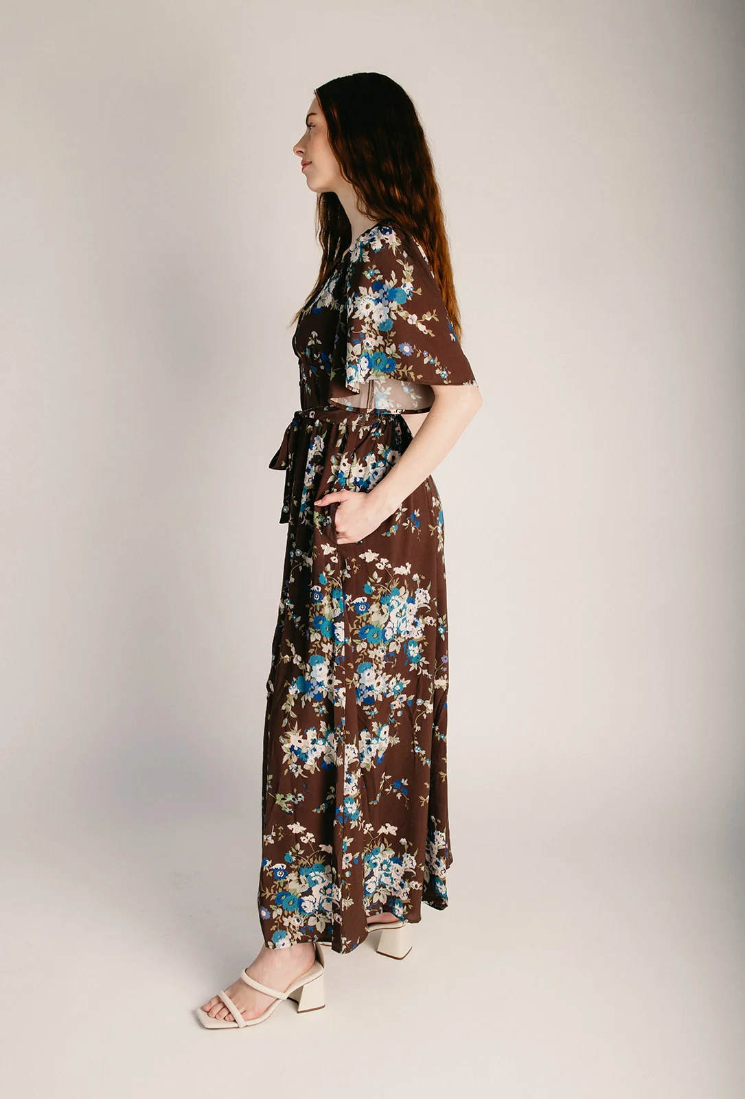 The Albers Button-Up Maxi Dress in Mocha Floral - Image 4