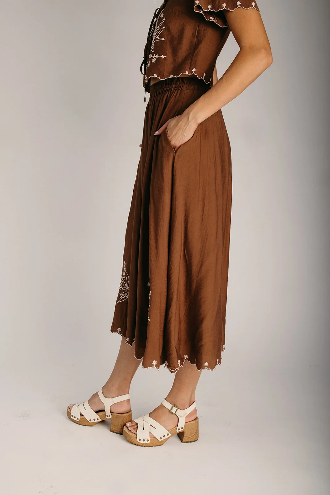 The Allons Bird Embroidered Midi Skirt in Brown - Image 5
