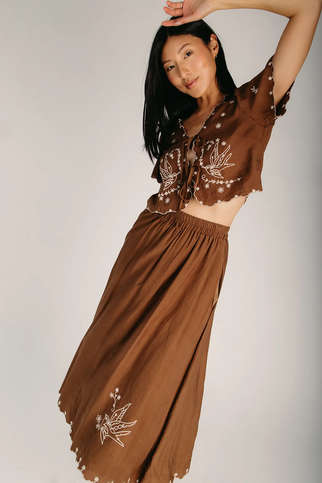 The Allons Bird Embroidered Midi Skirt in Brown - Image 6