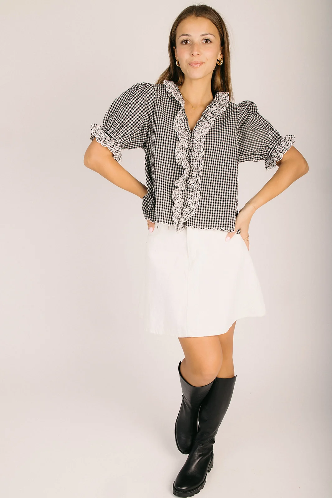 The Ambrie Gingham Lace Ruffle Blouse in Black - Image 6