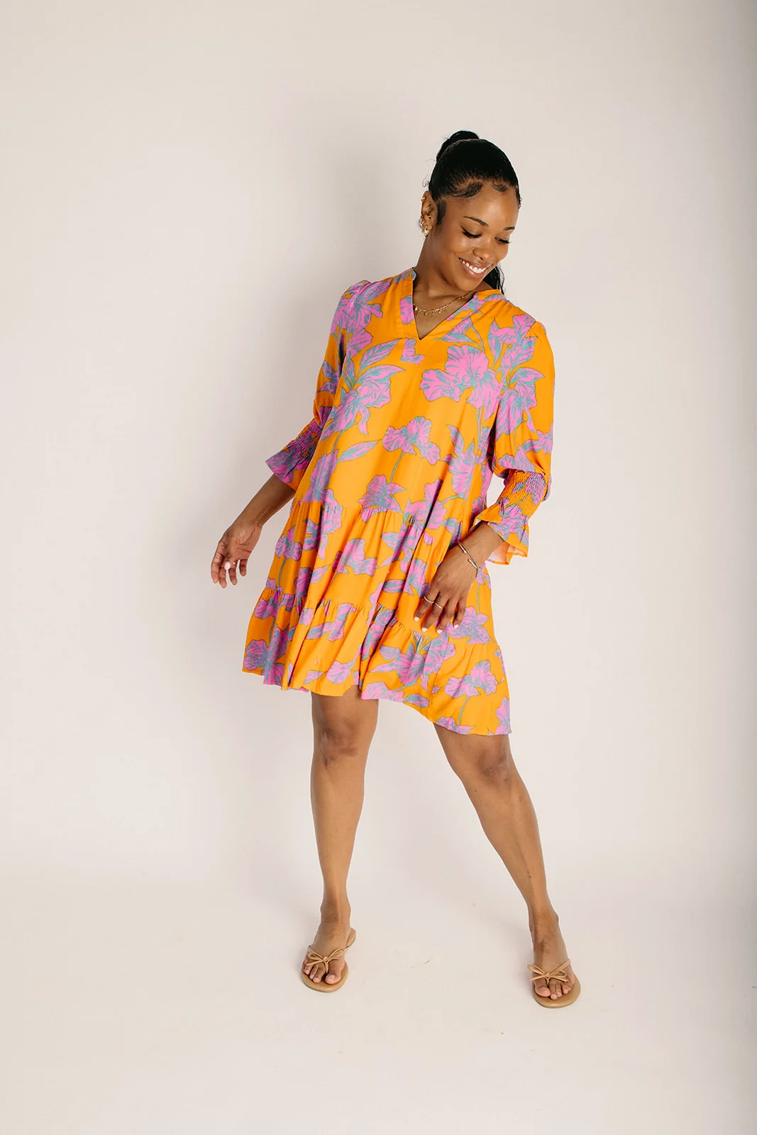 The Anamy Shift Floral Dress in Orange + Pink - Image 2