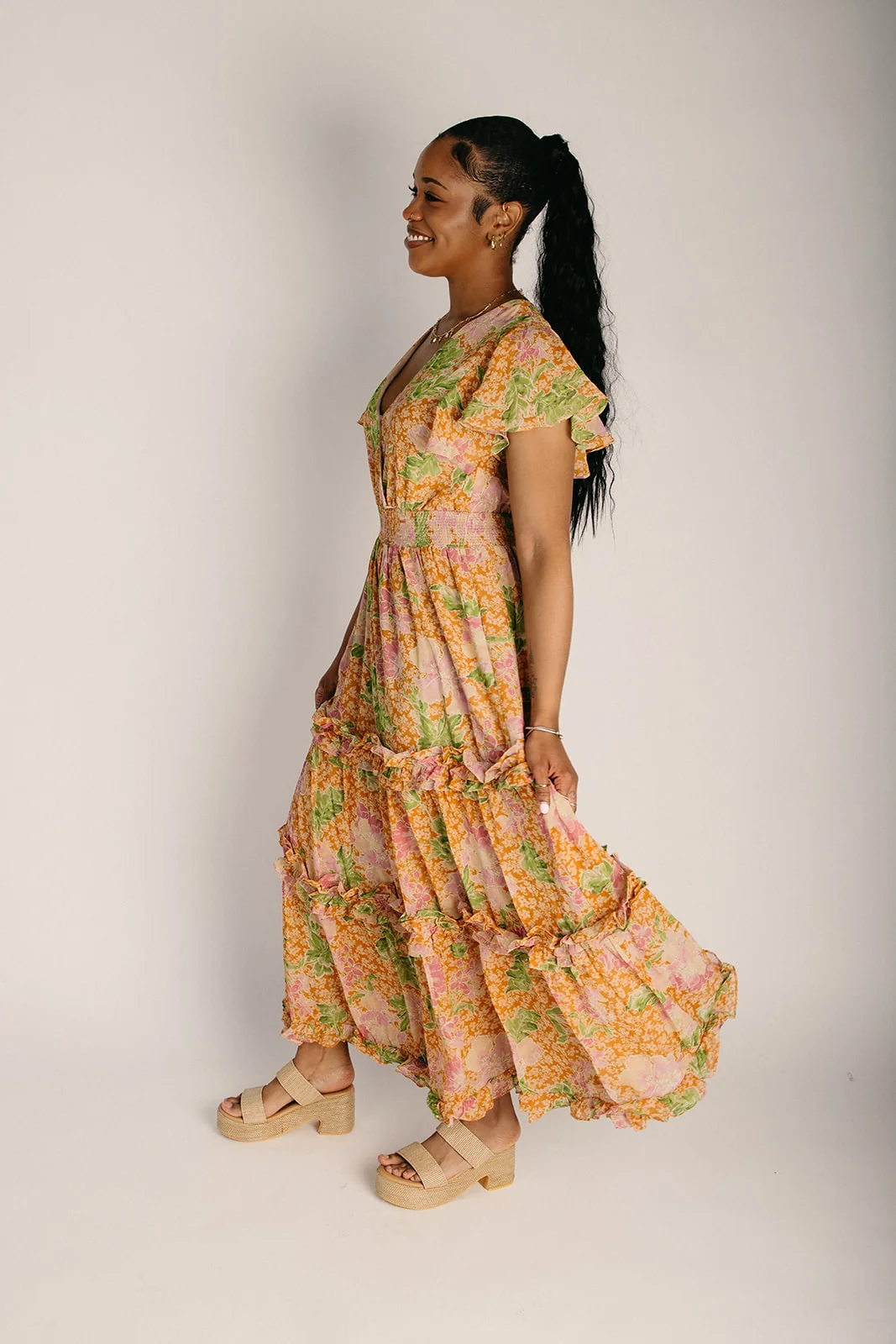 The Arnella Tiered Floral Maxi Dress in Tan - Image 3