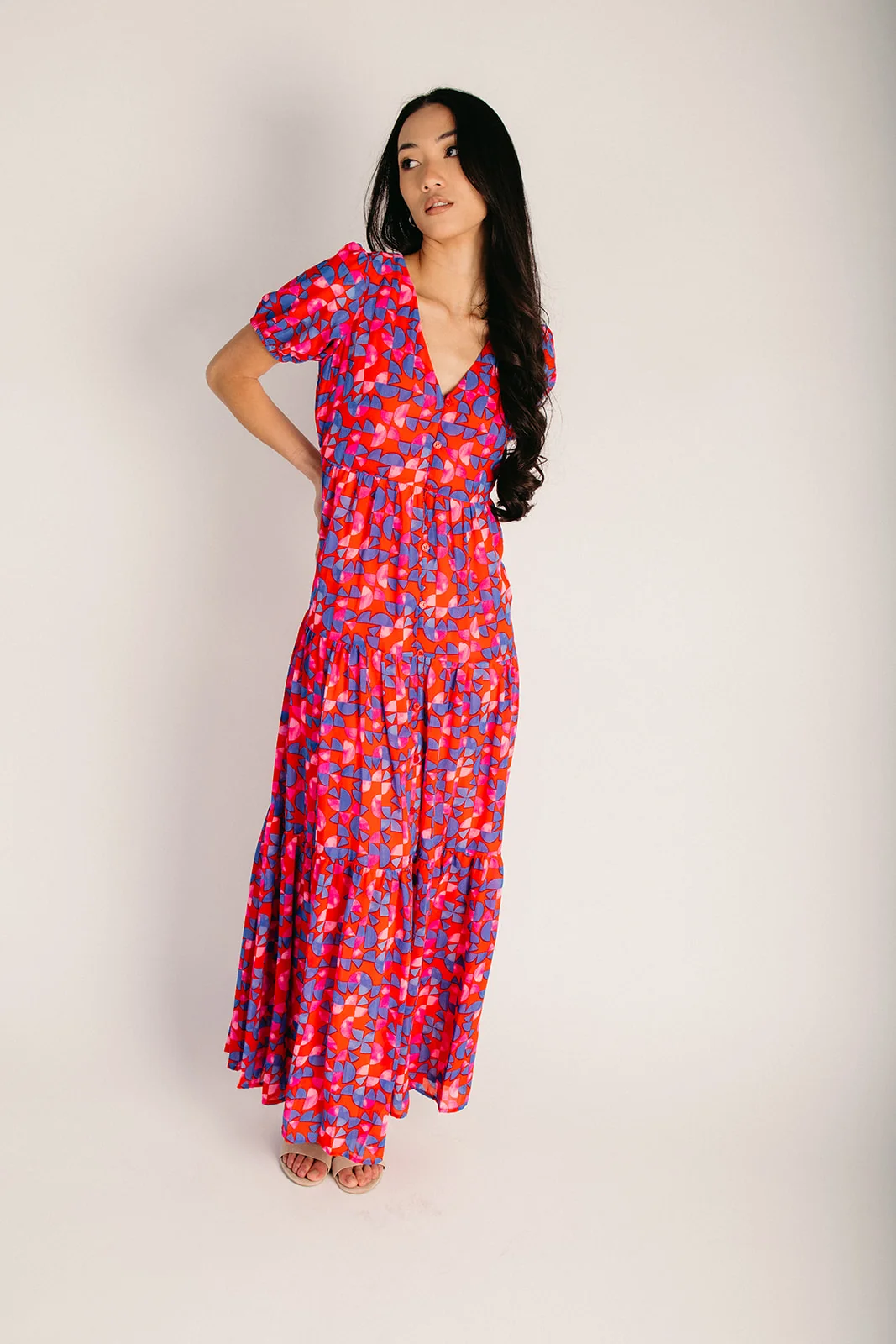 The Averly Tiered Maxi Dress in Red + Pink Floral - Image 2