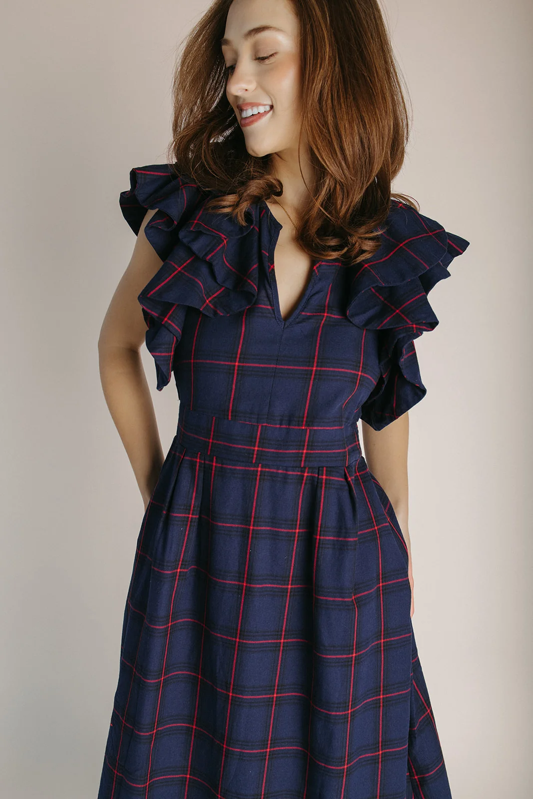 The Bauserman Ruffle Sleeve Midi Dress in Navy Plaid - Image 3