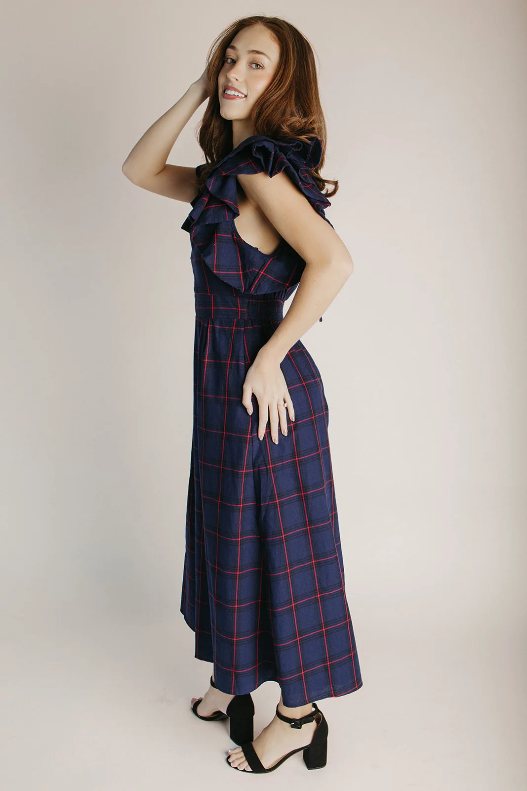The Bauserman Ruffle Sleeve Midi Dress in Navy Plaid - Image 6