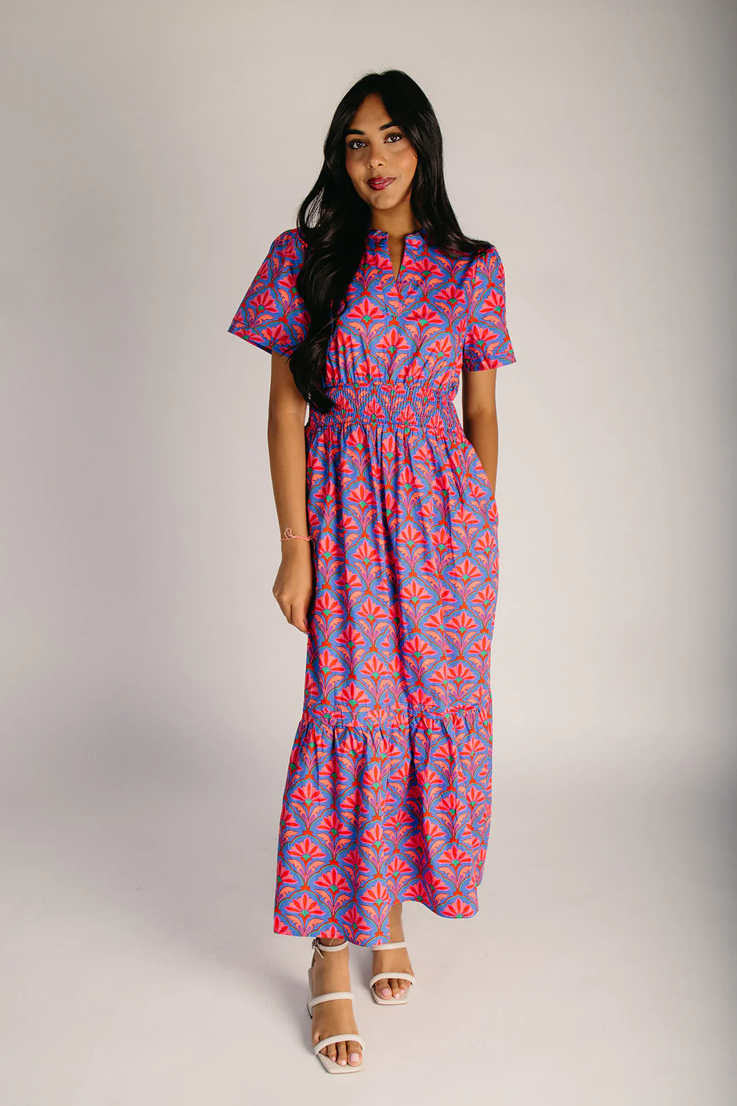 The Belra Poplin Floral Maxi Dress in Cerulean Red