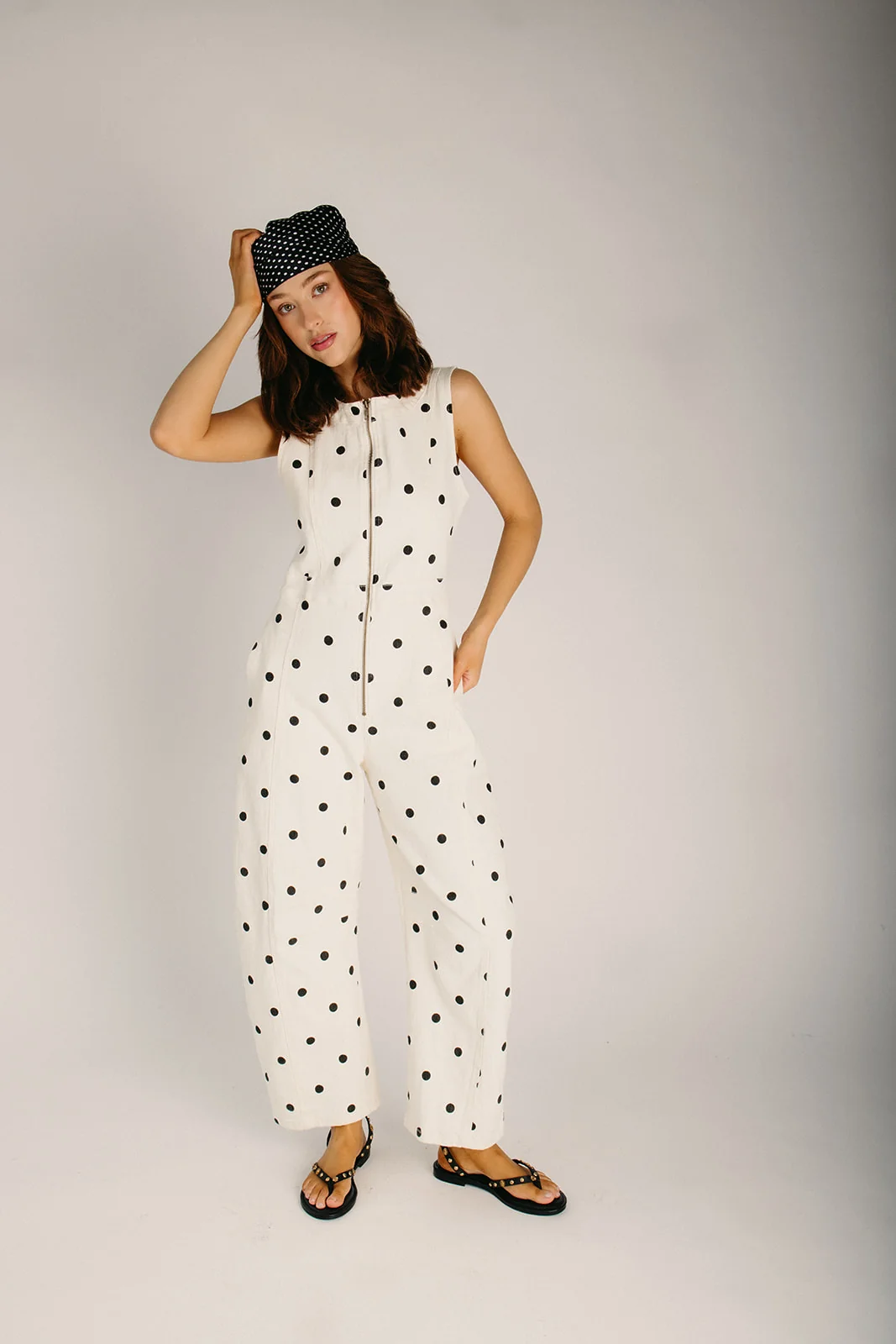 The Beltz Polka Dot Zip Up Jumpsuit in Ivory + Black - Image 5