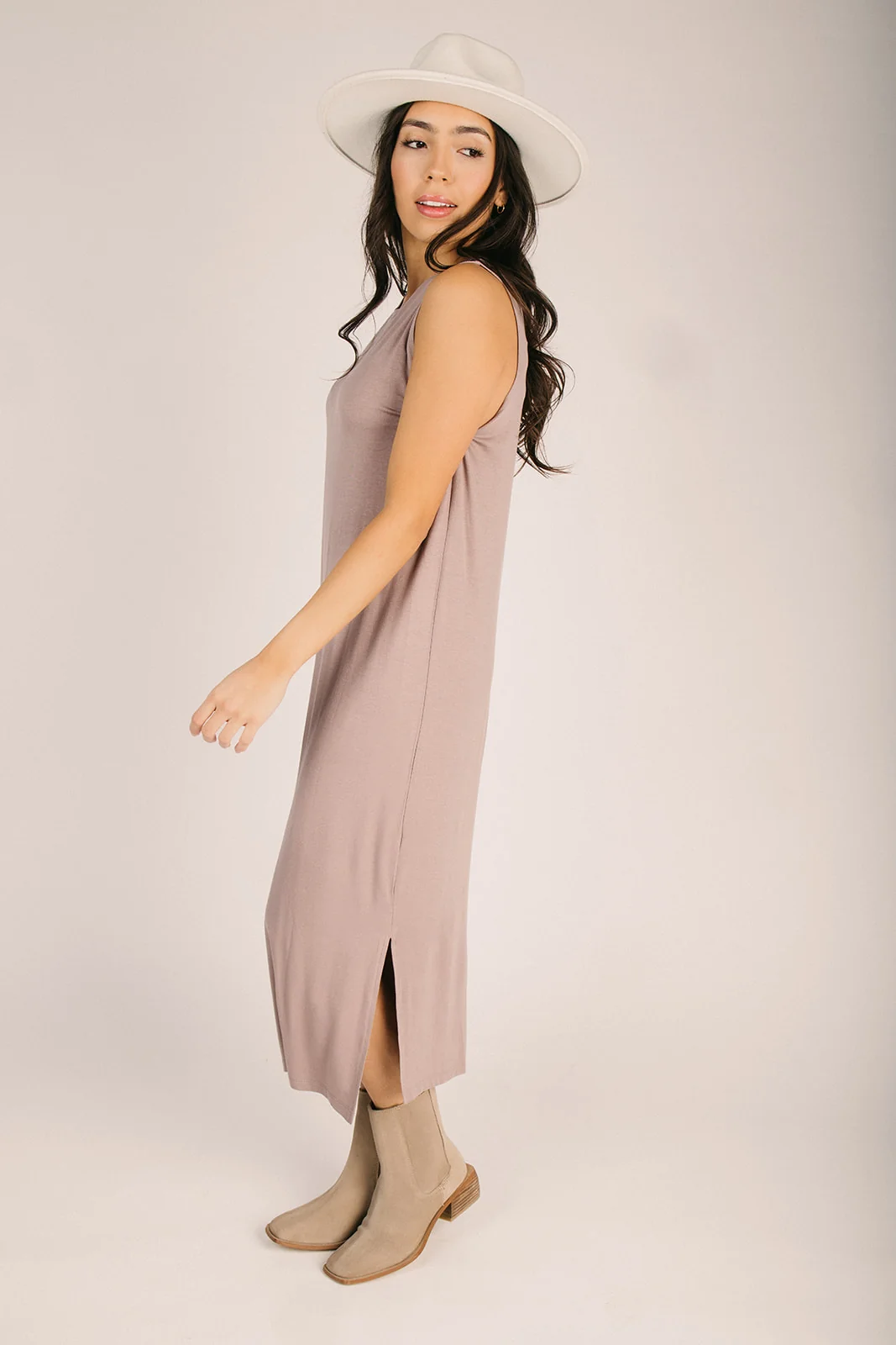 The Berbert Knit Maxi Tank Dress in Taupe - Image 3