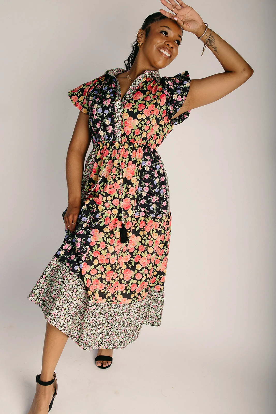 The Berk Mixed Floral Shirt Midi Dress in Black Mix