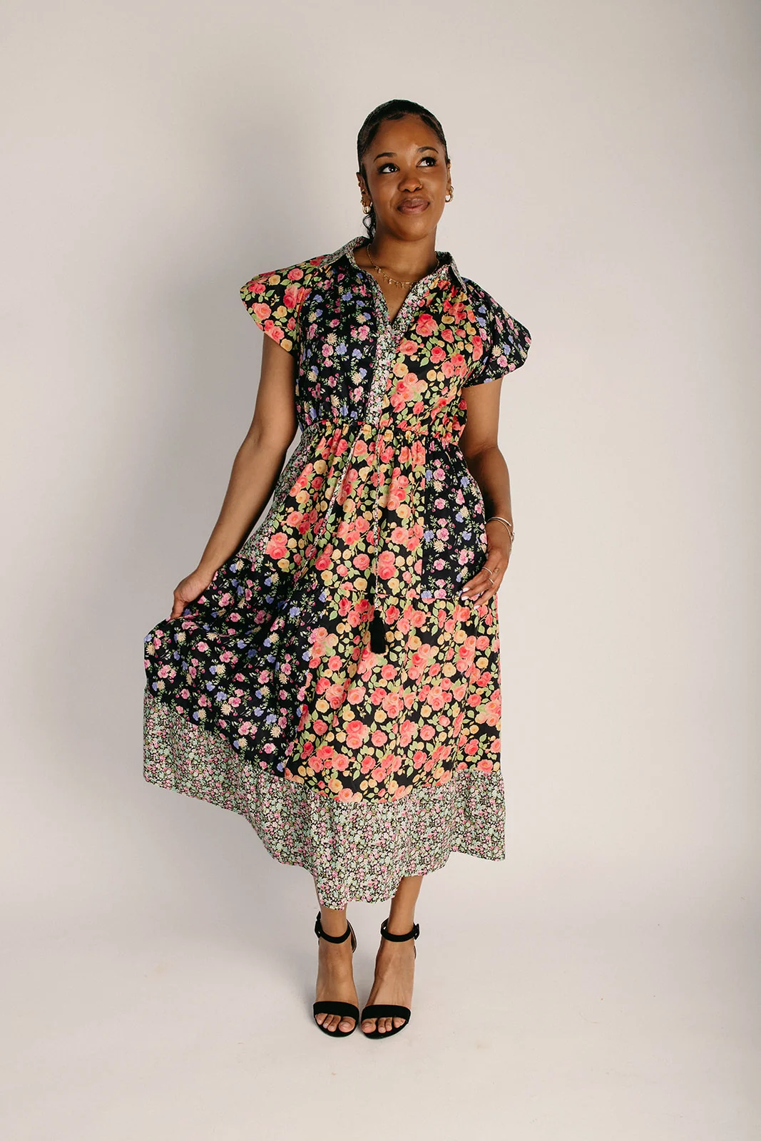 The Berk Mixed Floral Shirt Midi Dress in Black Mix - Image 5