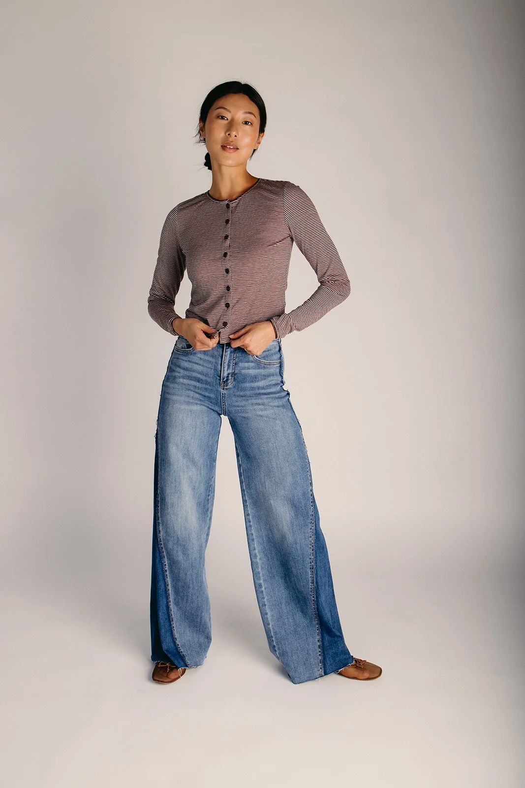 The Bingham Striped Button-Up Blouse in Pink + Brown - Image 4