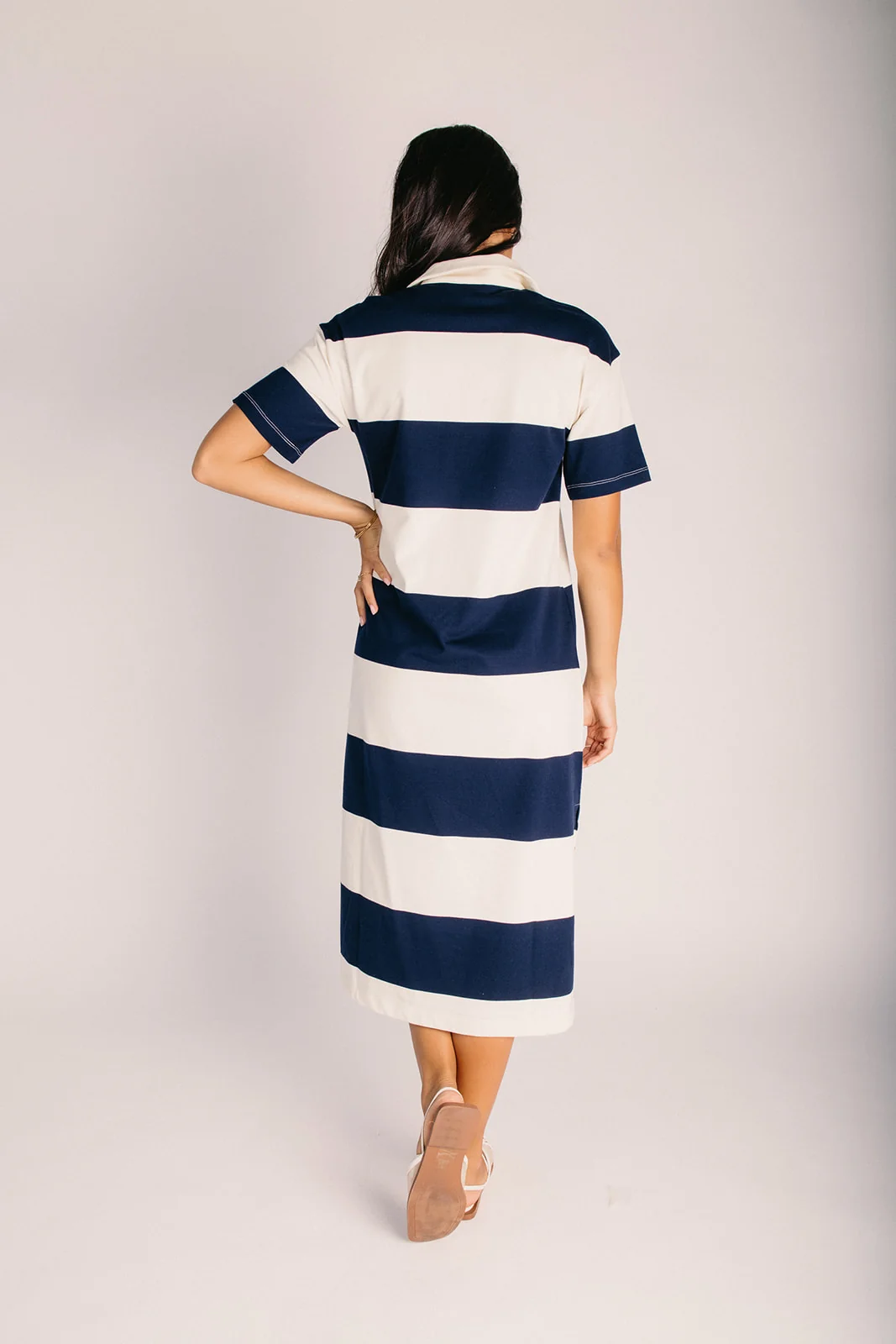 The Bolivar Collared Midi Dress in Navy + White Stripe - Image 2