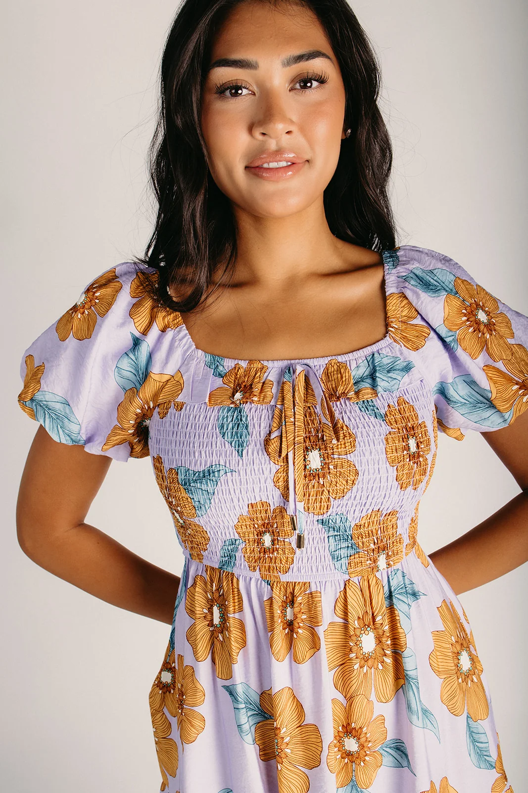 The Bonham Puff Sleeve Midi Dress in Orange + Lilac - Image 5