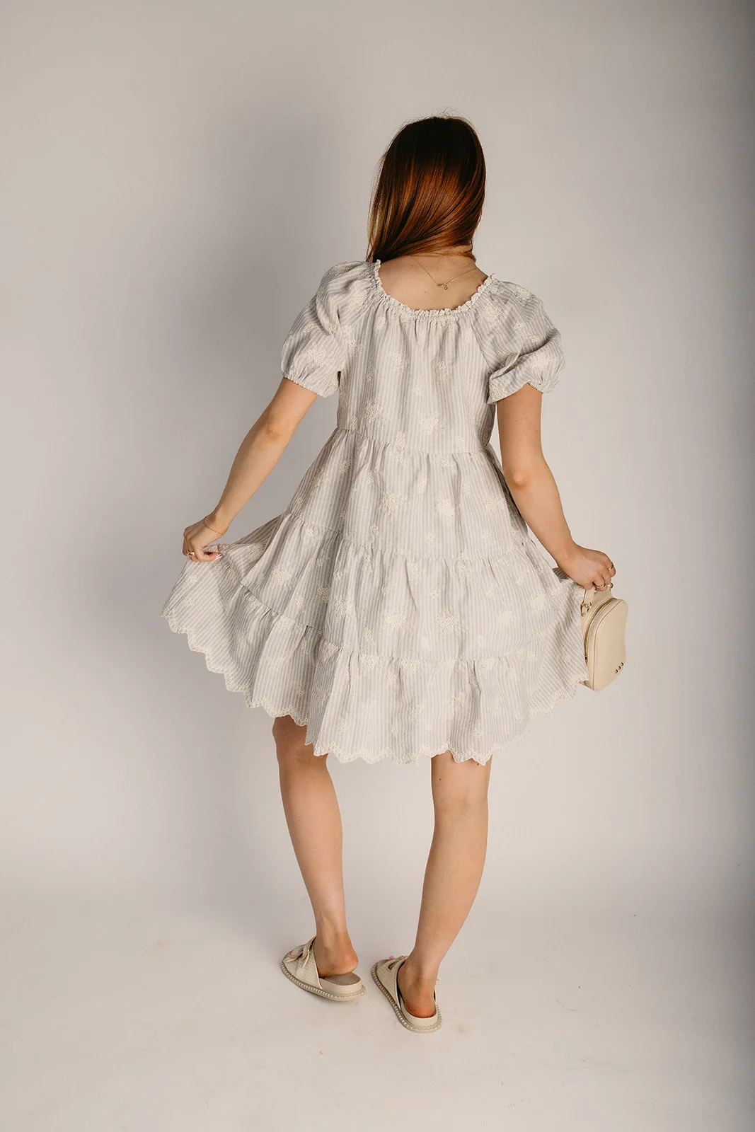 The Brogan Embroidered Detail Dress in Ivory + Blue Stripe - Image 2