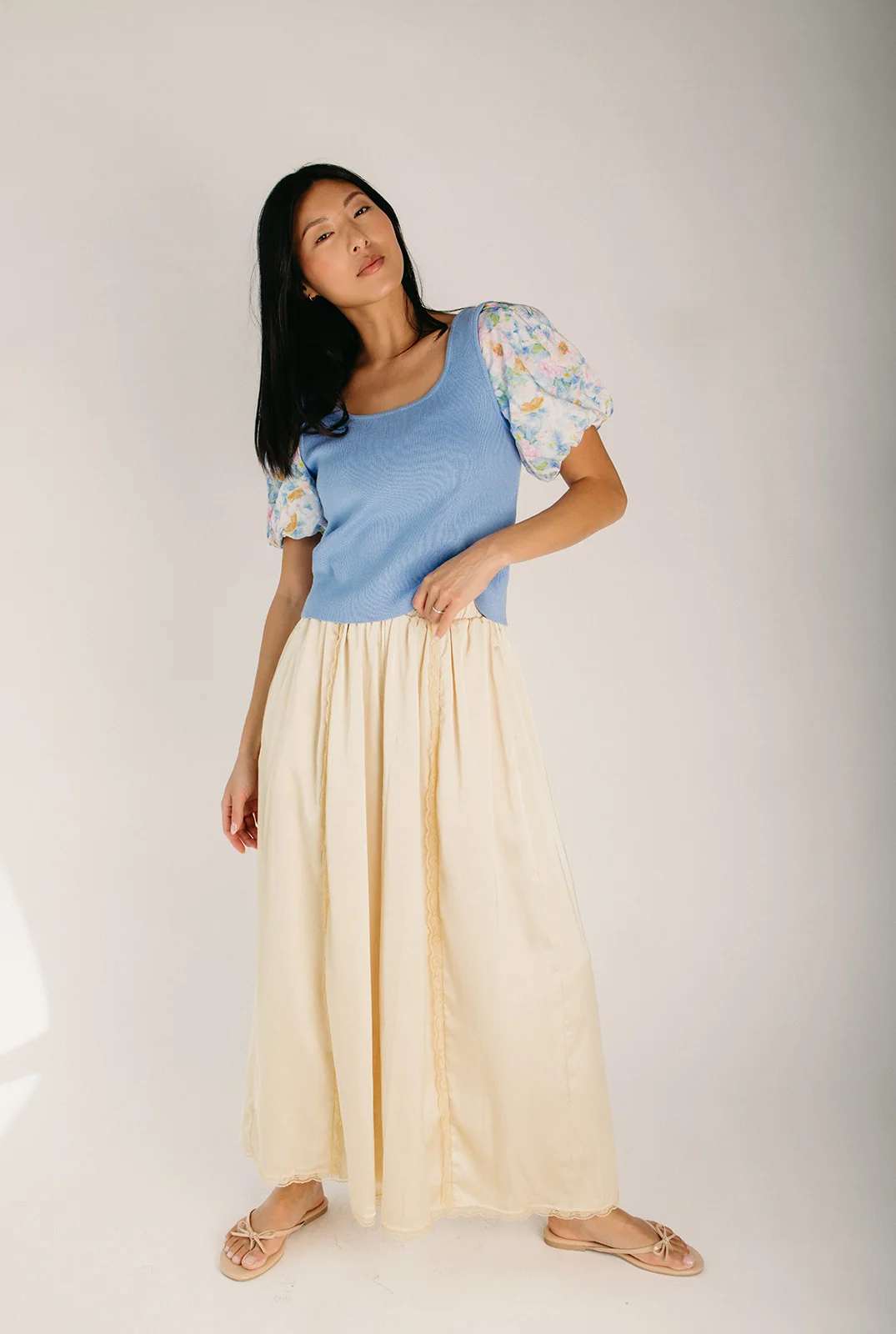 The Bullinger Contrast Puff Sleeve Blouse in Light Blue Combo - Image 5