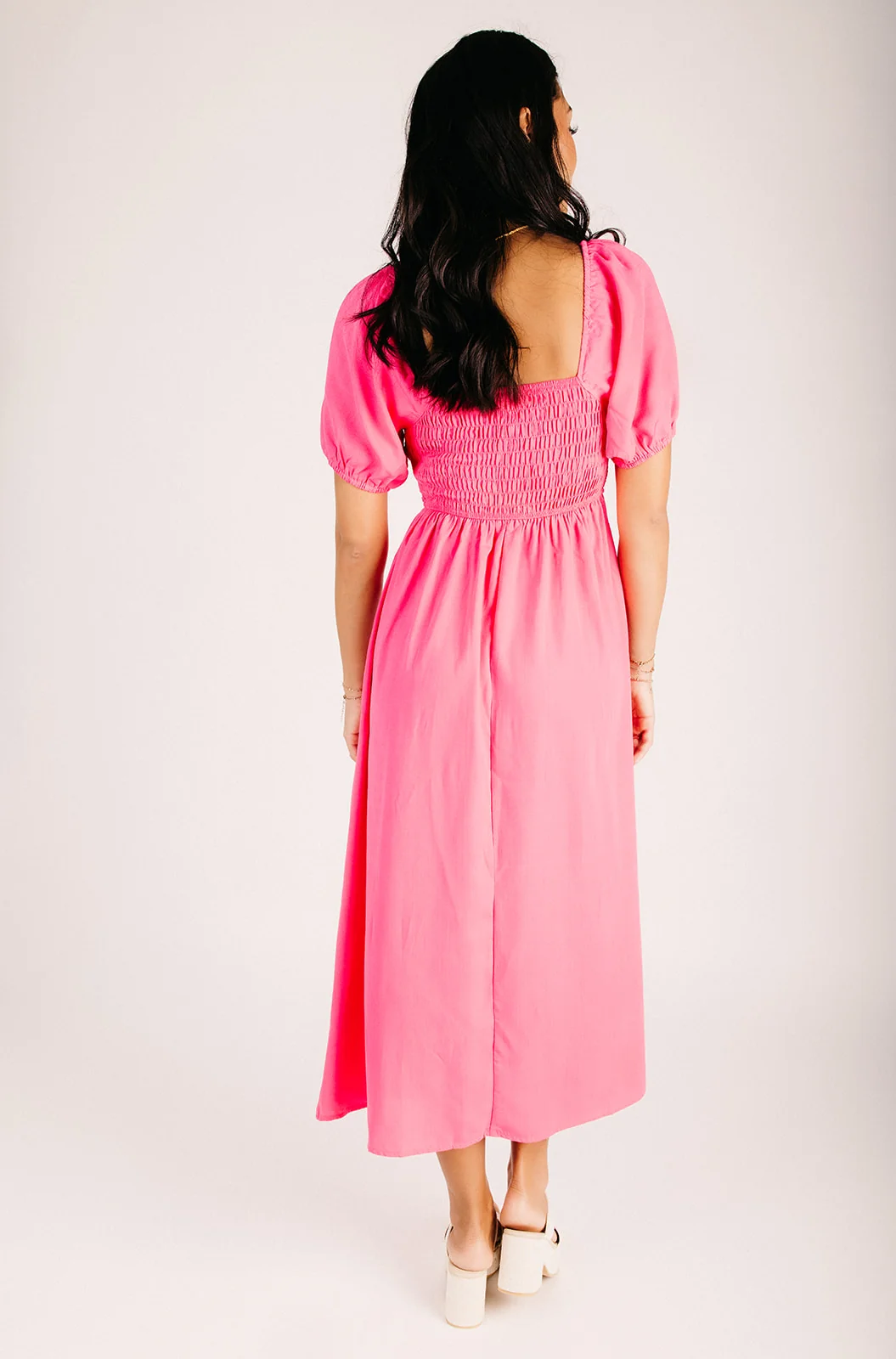 The Cabrilo Smocked Detail Midi Dress in Fuchsia - Image 3