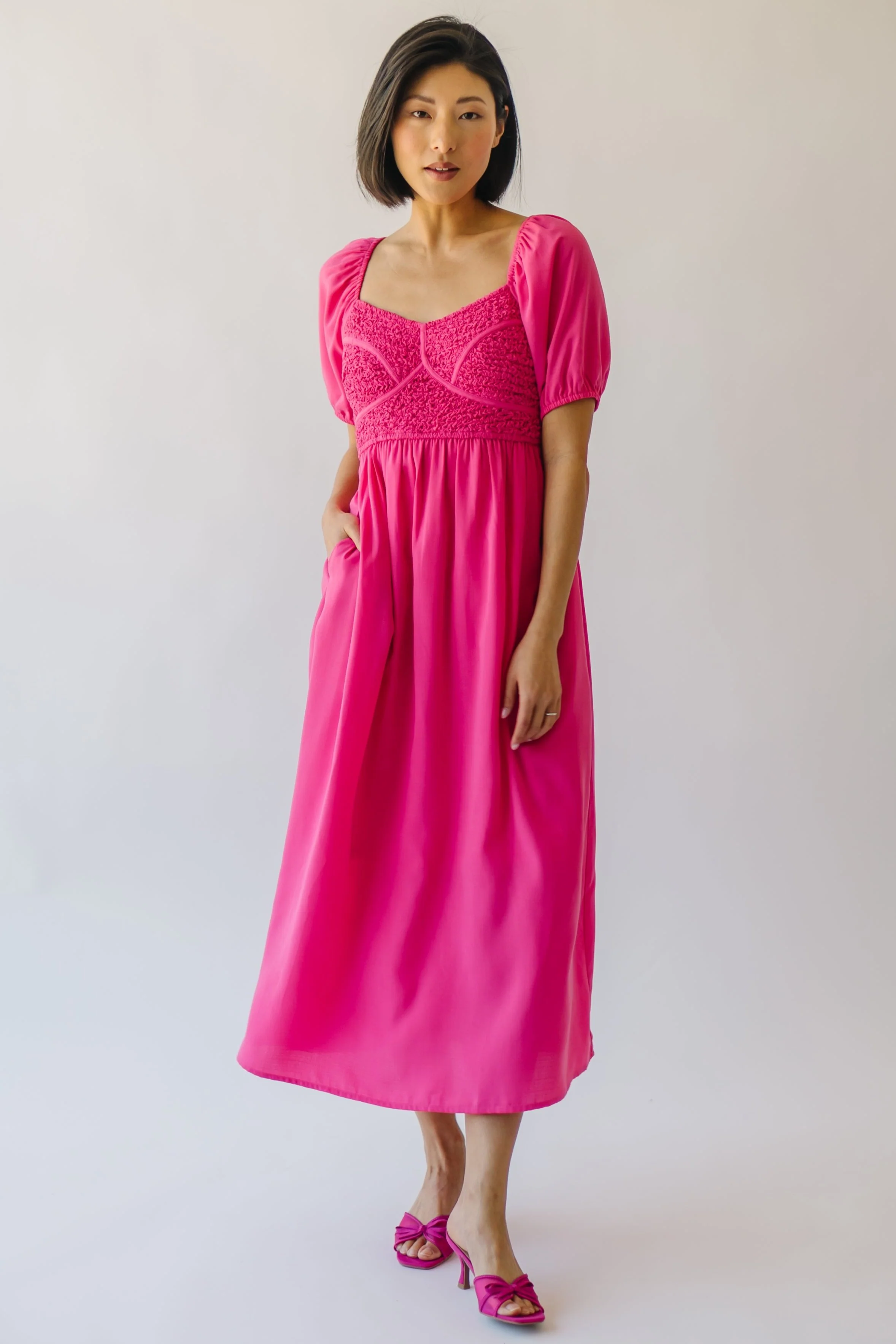 The Cabrilo Smocked Detail Midi Dress in Fuchsia - Image 6