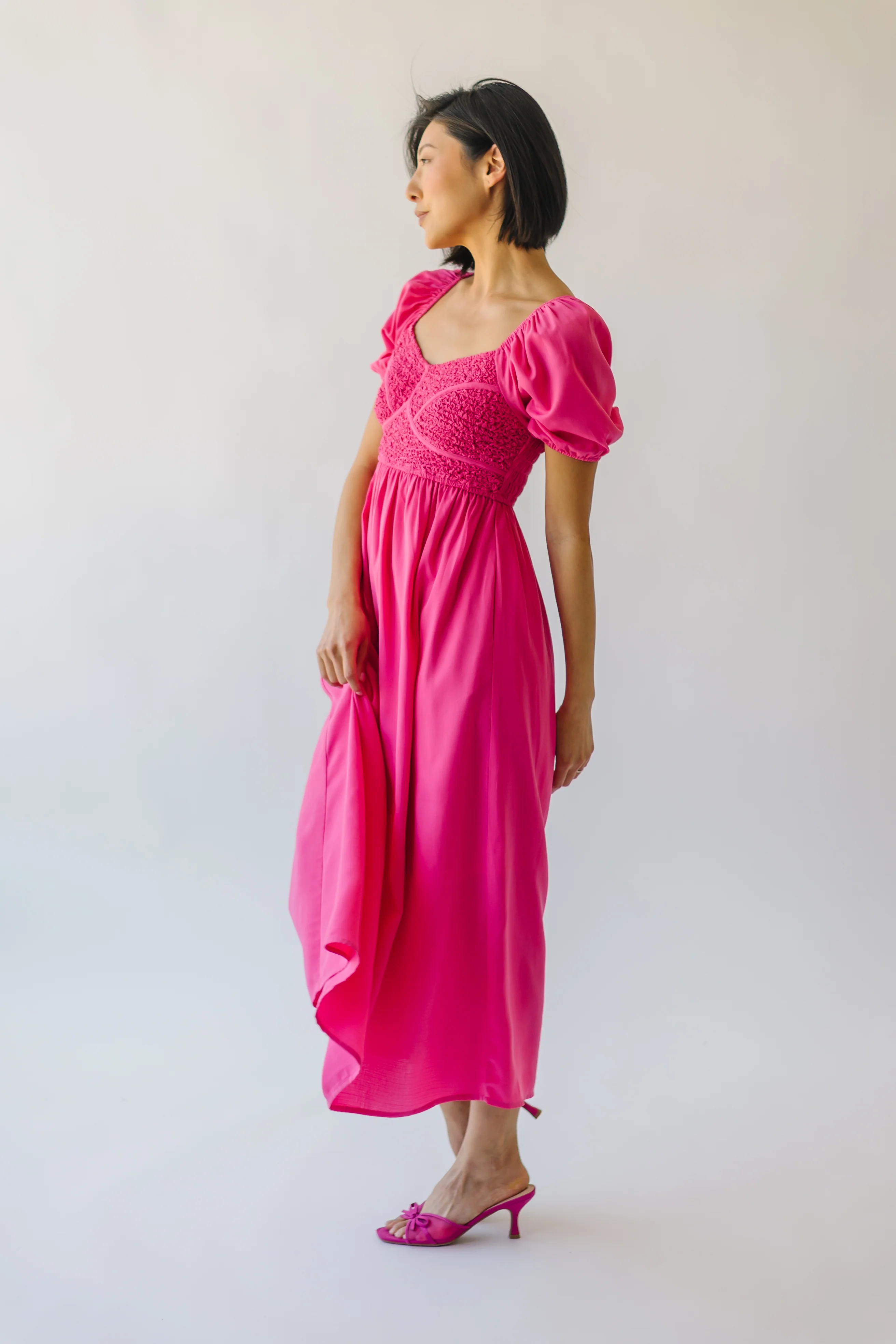 The Cabrilo Smocked Detail Midi Dress in Fuchsia - Image 9