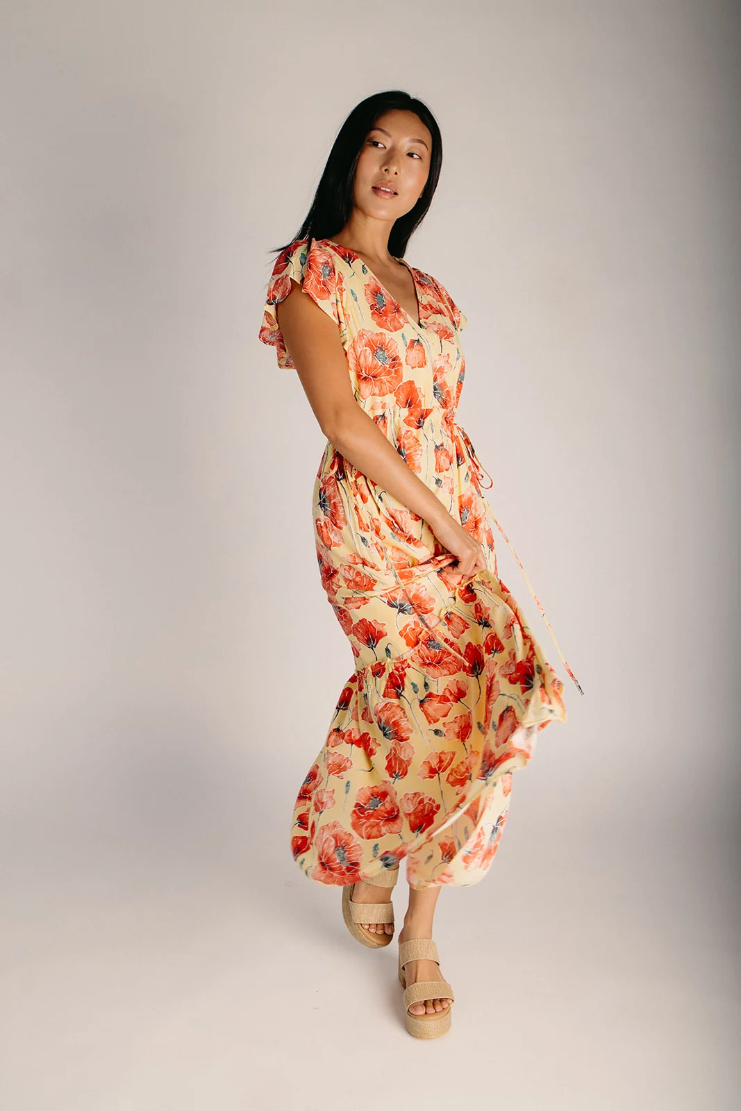 The Caldon Floral Tiered Midi Dress in Light Yellow - Image 2