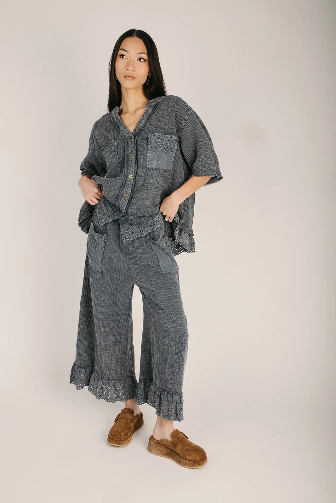 The Carlin Crochet Detail Pant in Smoke - Image 3