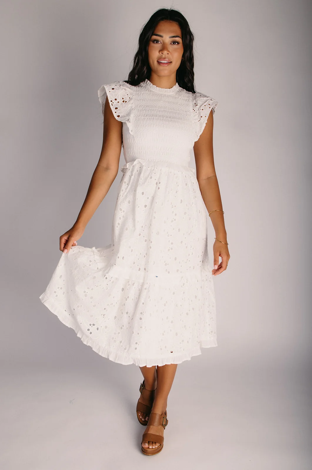 The Cassian Eyelet Mock Neck Midi Dress in Ivory