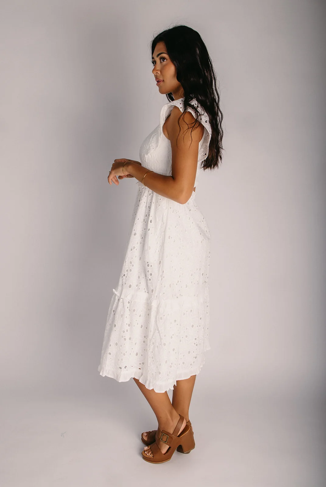 The Cassian Eyelet Mock Neck Midi Dress in Ivory - Image 3