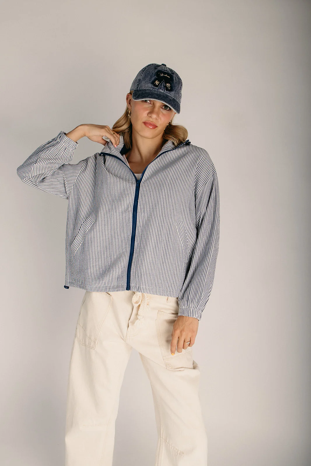 The Cecilia Zip-Front Drawstring Turtleneck Jacket in Navy Multi - Image 5